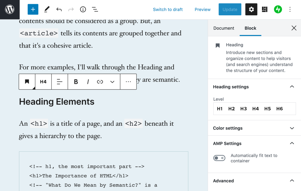 Screenshot of the WordPress.com editor, showing the headings toolbar and headings block settings.