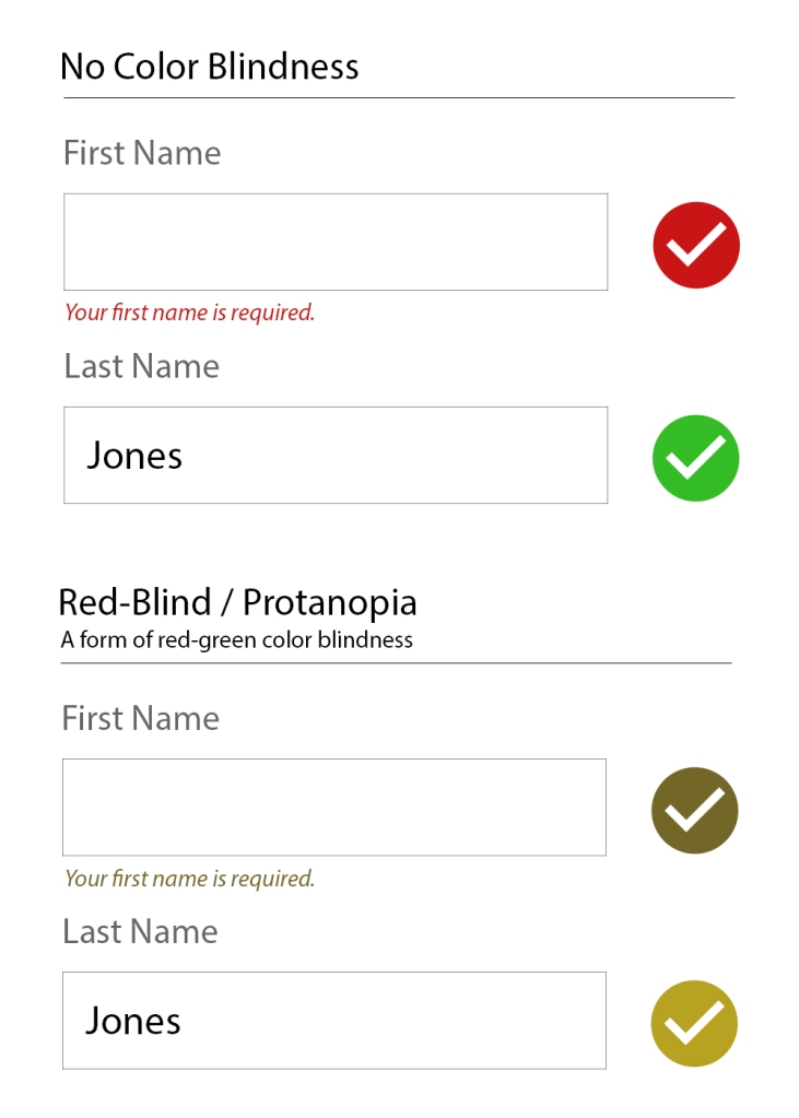 A no color blindness example form of a First name field with a red checkmark and "Your first name is required text", and a filled-in last name field with a green checkmark. The second form is identical but with a red-blind / protanopia view (a form of red-green color blindness) where the checkmarks are both a similar brownish/yellow-ish color.
