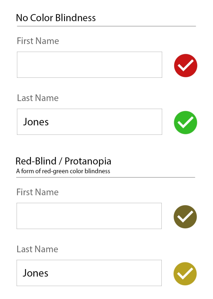 A no color blindness example form of a First name field with a red checkmark, and a filled-in last name field with a green checkmark. The second form is identical but with a red-blind / protanopia view (a form of red-green color blindness) where the checkmarks are both a similar brownish/yellow-ish color.