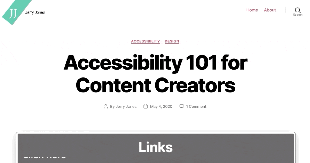 Pressing the "Skip to the content" link on this site to move focus to the top of the Accessibility 101 for Content Creators article.