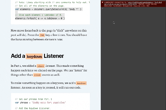 Entering code and tabbing through the elements to show the focus ring moving.