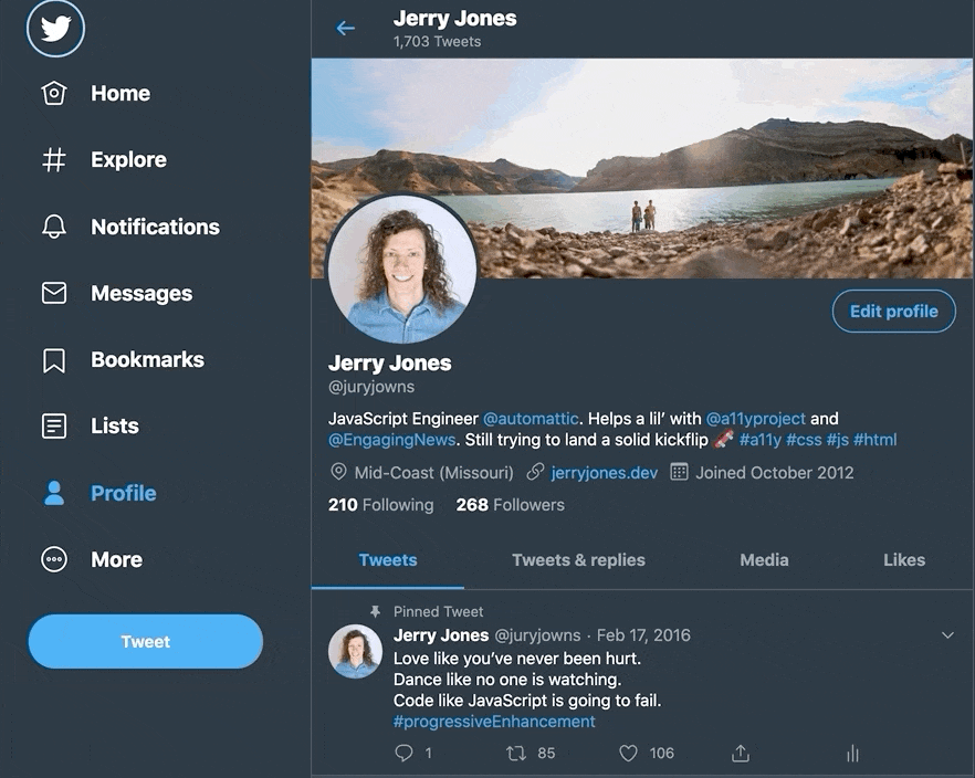 Solid focus ring moving around on Twitter's desktop view sidebar menu.
